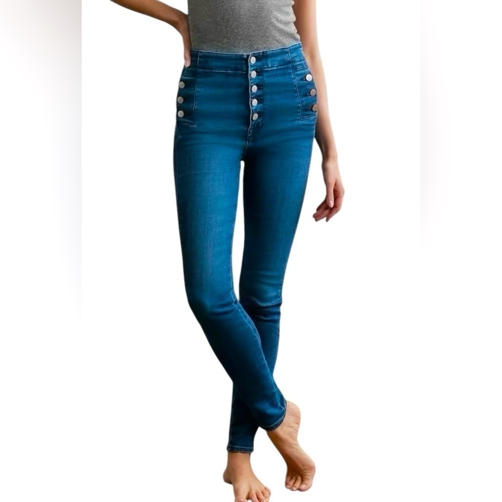 J Brand High-Waisted Sailor Button Jeans, Size [24], Blue Wash, Natasha